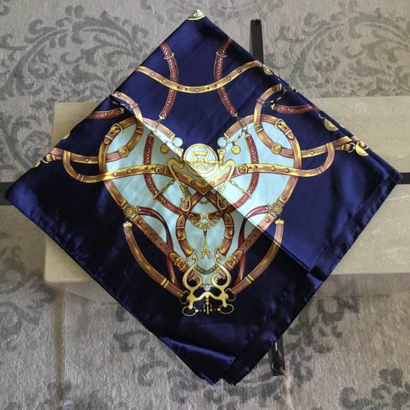 LARGE SATIN LARGE SQUARE SCARF SHAWL WRAP BLUE 34" x 34" EQUESTRIAN - Picture 6 of 6